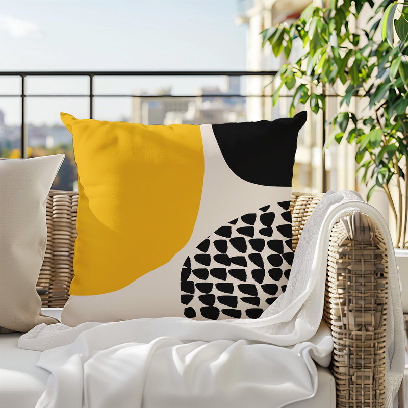 Coussin carré intérieur / extérieur pia, H 15 po x l 15 po, Jaune / noir / blanc cassé