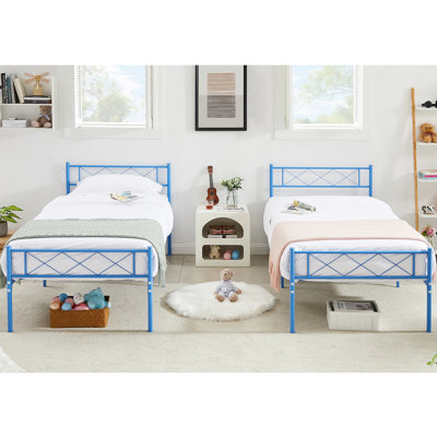 Ensemble de 2 cadres de lit avec tête de lit et pied de lit, ensemble de 2 lits plateforme en métal bleu avec support de lattes robuste, sommier sans bruit, aucun sommier nécessaire pour une chambre d'enfant, une chambre d'amis ou un dortoir