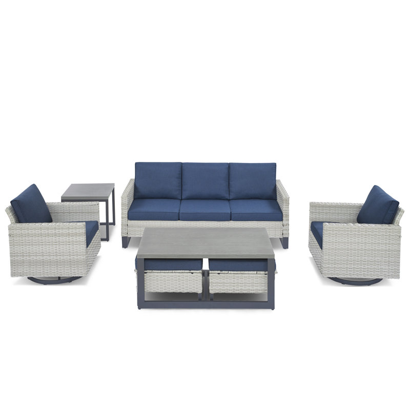 Ingvald Wicker 5 - Person Patio Conversation Set with Cushions, Dark Blue