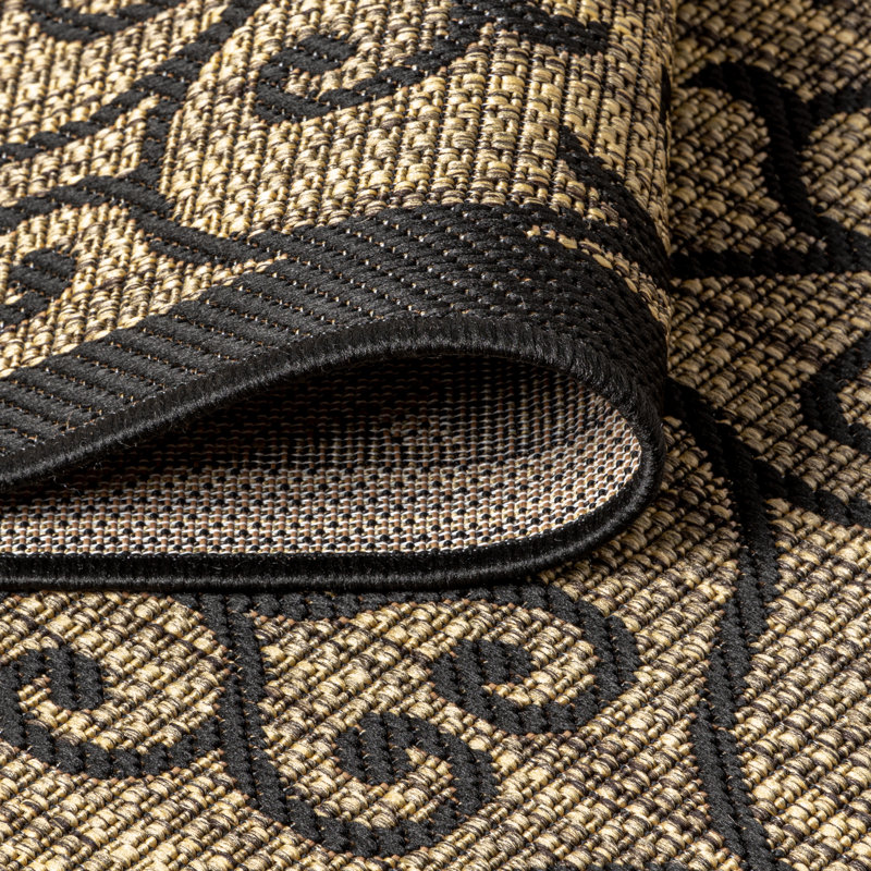 Haggerty Vintage Filigree Textured Weave Black/Khaki Indoor/Outdoor Rug, Round 9'