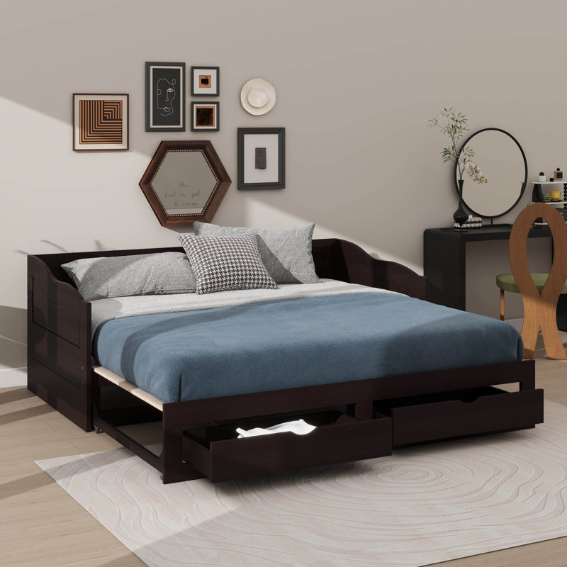 Wooden Twin Daybed With Pull-Out Trundle And Dual Storage Compartments, Extendable Daybed Structure, Espresso