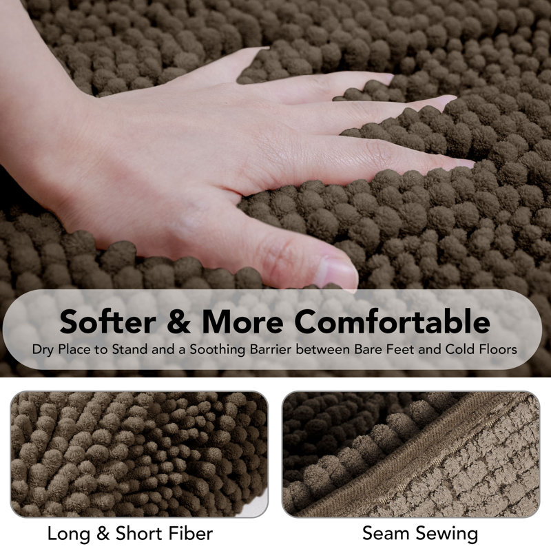 4 Pc Non-Slip Soft Plush Shaggy Chenille Striped Bathroom Rugs, Brown, 18" L x 48" W