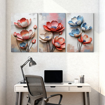Floral coquelicot et anémone sur toile tendue, ensemble de 3 reproductions de peintures à l'huile pour salon