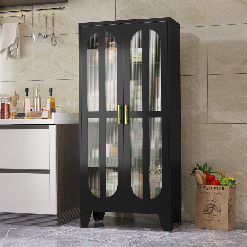 Armoire de cuisine autoportante avec portes en verre acrylique George, Noir, noir, noir, noir