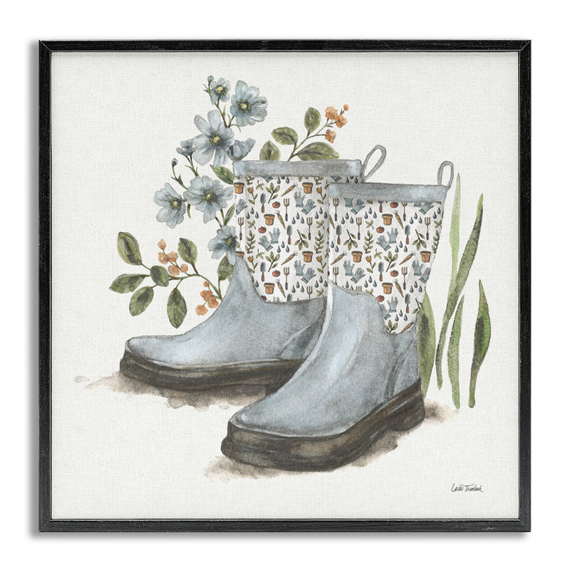 Bottes de jardin floral, art giclée encadrée par Leslie Trimbach, H 12 po x l 12 po, Estampe numérique Farmhouse
