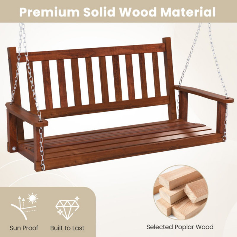 Brown Poplar Wood 3-Person Outdoor Porch Swing with Metal Chains