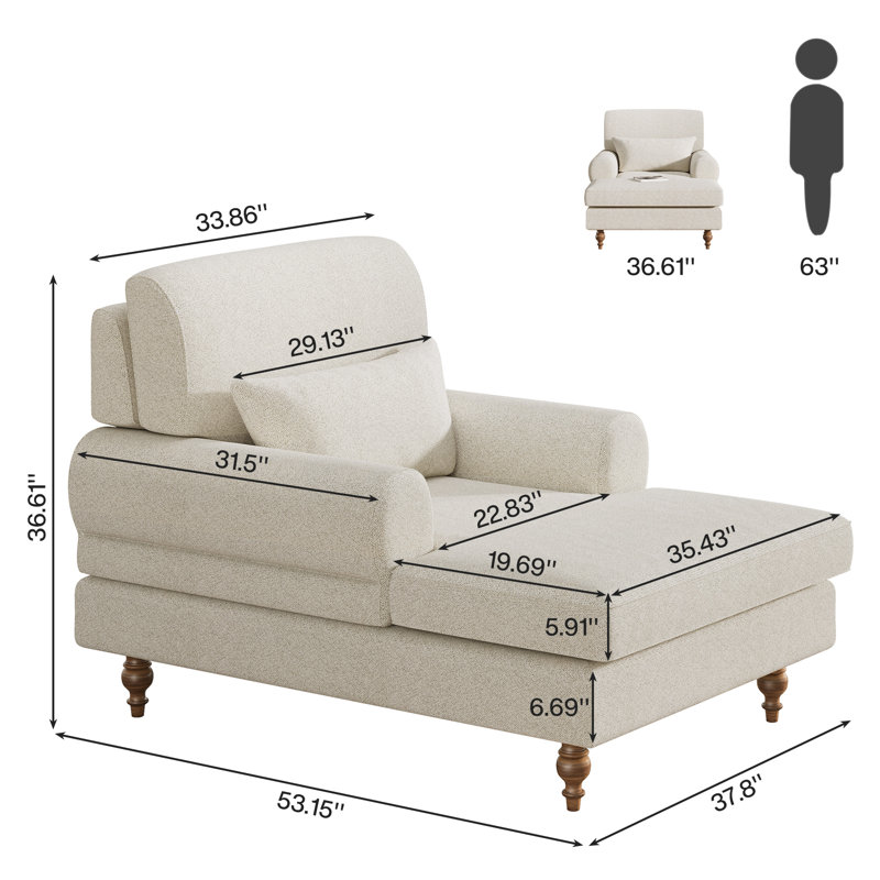 Upholstered Chaise Lounge with Adjustable Backrest, Rice White