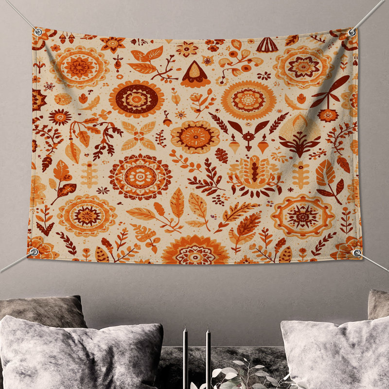 Tapisserie murale à motifs floraux complexes - Décoration murale florale, 68in H x80in W with 4 Grommets