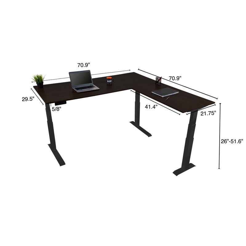 Roshina Adjustable L-Shaped Metal Base Standing Desk, Black/Black