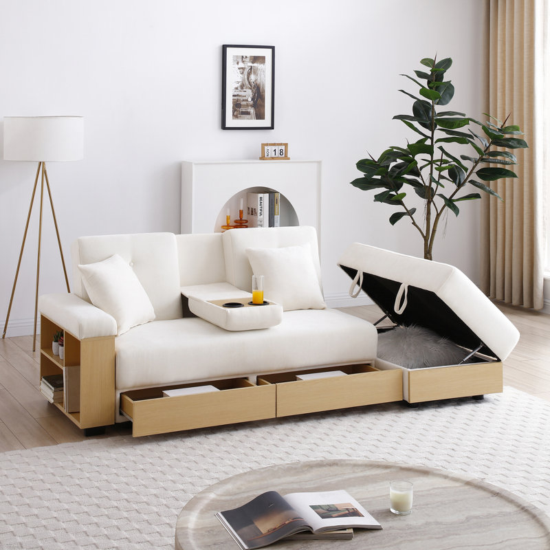 Canapé-lit convertible - Lit double pliant multifonctionnel avec rangement, accoudoir et tiroir, table rabattable 2 porte-gobelets pour salon, appartement, bureau, beige, tissu en lin de coton doux,