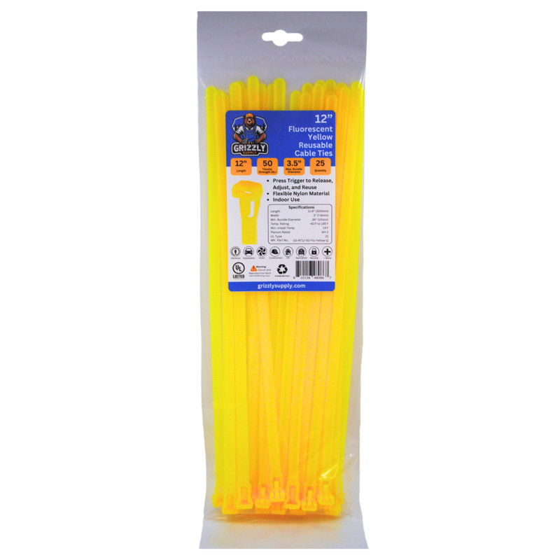 12" 50lb Releasable Cable Tie 25/bag, Fluorescent Yellow