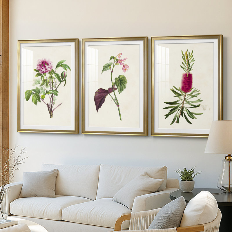 «Pretty Pink Botanicals» - Impression encadrée sur mesure de qualité supérieure - 3 pièces, H 21 po x l 30 po, Doré