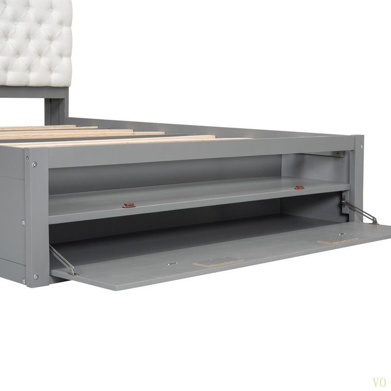 Lit plateforme en bois avec tête de lit, étagère à chaussures et 4 tiroirs, Gris
