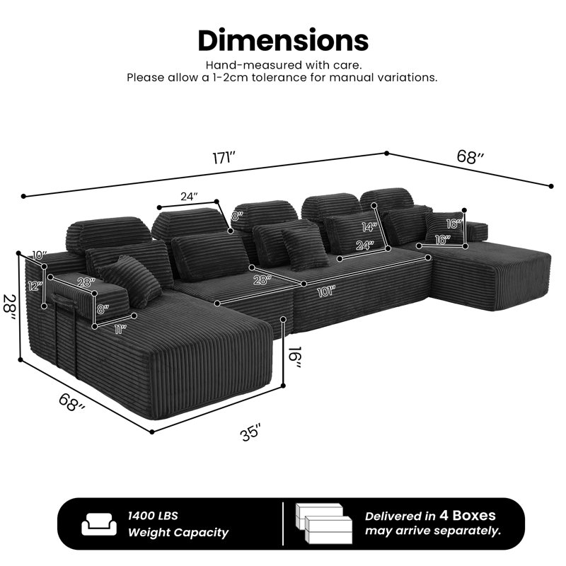 171" Cloud Modular U-Shaped Sectional Sofa with Chaise, Corduroy Oversized Couch for Living Room, No Assembly Required, Black