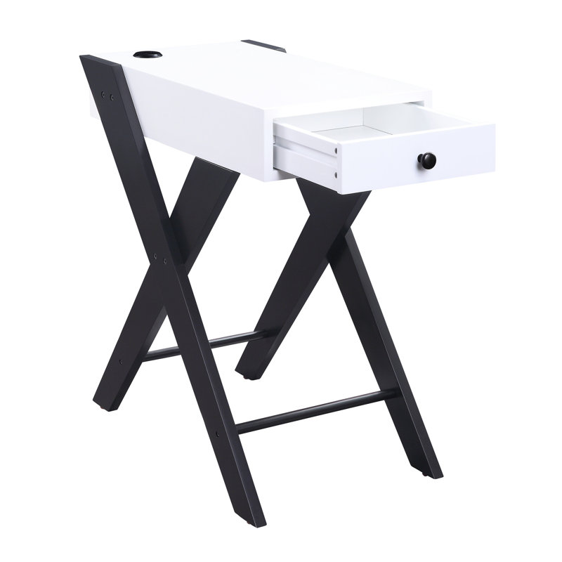 Cool White And Black Side Table With Socket Concealed Drawer Function Accent Surface, Legs Charging, White
