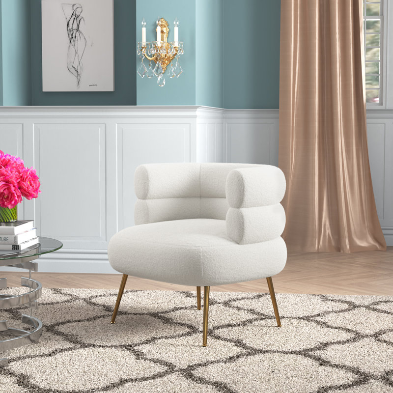 Demetrius  30" W Upholstered Barrel Chair, White Teddy Fabric