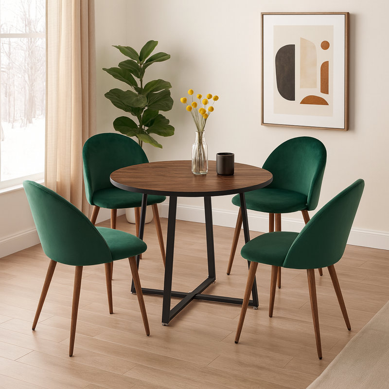 4-Person Round Dining Set With Table And Chairs For Kitchen Or Dining Room, Brown, Green