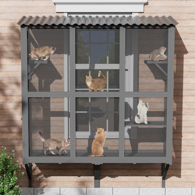 Catio Large Cat Window Box, Wooden Cat Window Perch Enclosure W/4 Platform & 3 Door For Sunbathing, Overlooking, Expandable Cats Window Box With Tunnel Connection, All Weather Use