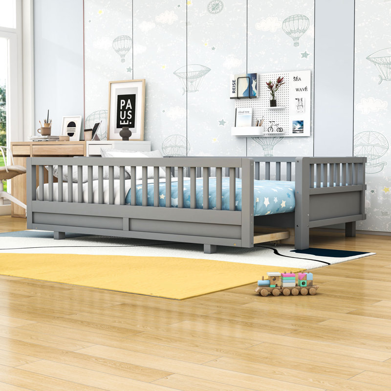 Convertible Wood Platform Bed With Guardrails And Movable Design, Gray, Twin XL