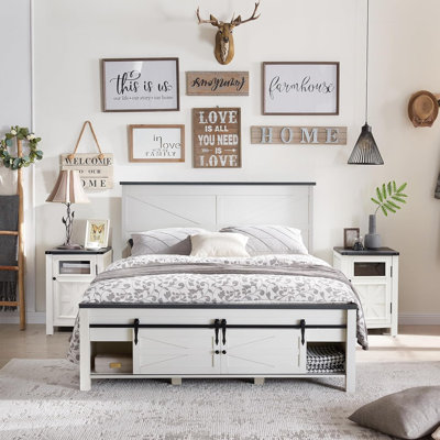 Farmhouse Queen Size Bed, Wood Platform Bed Frame And High Headboard, Off White