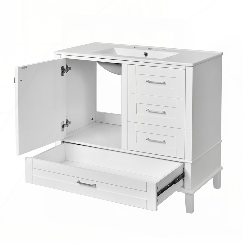 36" Bathroom Vanity with Solid Pine Frame, 1 Soft Close Door and 3 Drawers , Modern Storage Cabinet, Wihite