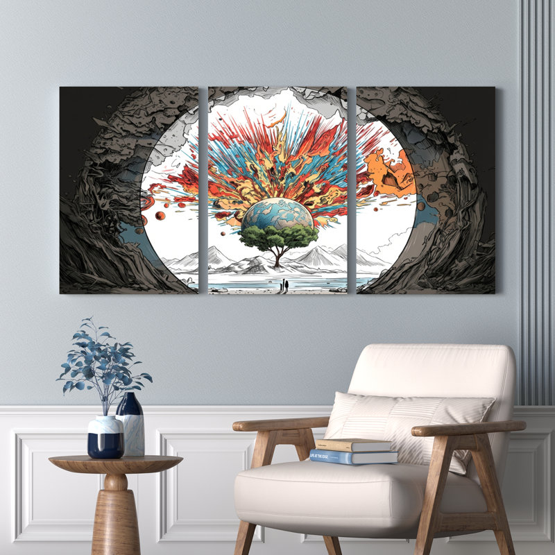 Ensemble de 3 toiles murales abstraites représentant une explosion d'arbre cosmique, idéales pour la décoration du salon, de la chambre ou de la maison.