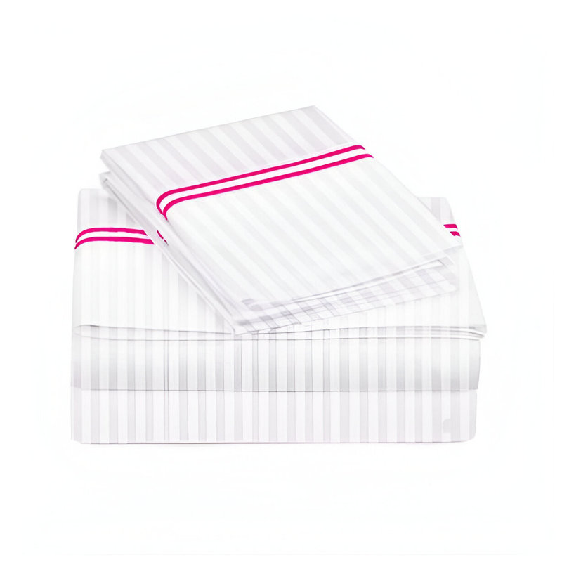 400TC Double Embroidery Sateen Stripe Cotton 4 Piece Sheet Set Fitted Sheet Fits Upto 16" Deep Pocket, Hot Pink/White