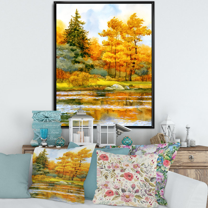 Forêt automnale au bord du lac II - Peinture sur toile, H 32 po x l 24 po x P 1 po, Toile avec cadre noir