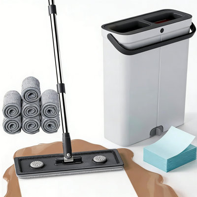 JOYBOS Slim Flat Mop and Bucket Set, Hands-Free Cleaning, Space-Saving Storage, Wet/Dry Use, with 7 Microfiber Cloths