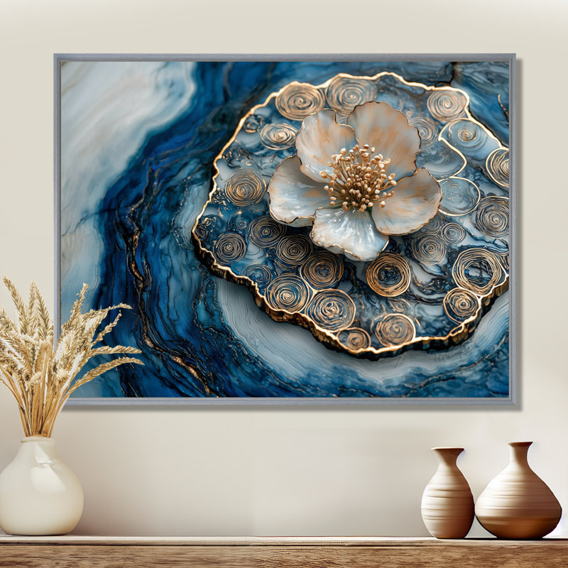 Fleur de pommier dans une rivière à encre dorée et bleue II - Art floral, Argent, Cadre flottant, H 24 po x l 32 po