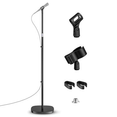 Pied de micro, pied de micro amovible universel avec base lestée compacte, hauteur réglable de 22 po à 67 po, 2 pinces de micro universelles pour le yéti bleu / Shure SM7B / Samson Q2U et plus