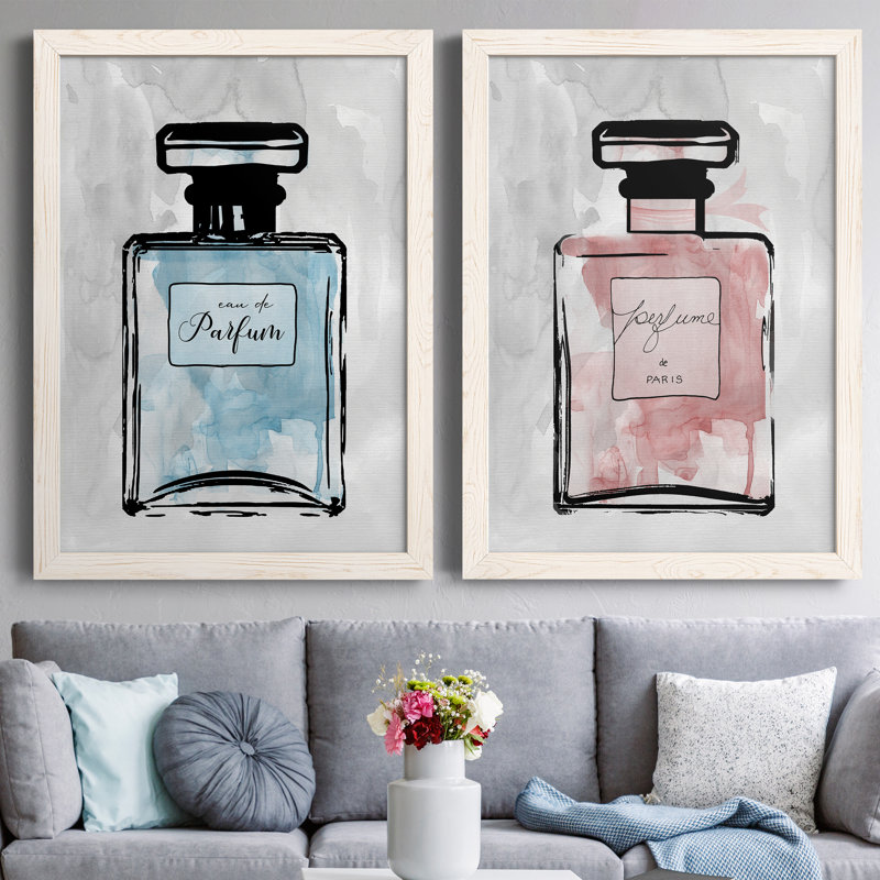 «Blue Wash Perfume», ensemble de 2 peintures sur toile encadrées, H 31 po x l 44 po x P 1 po, Toile blanche encadrée