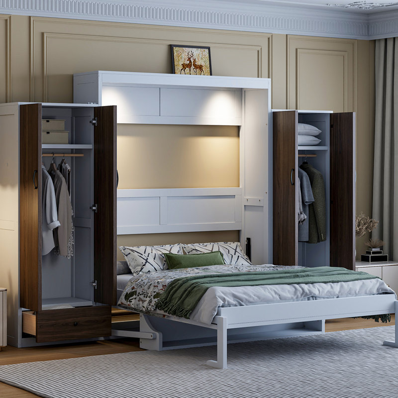 Lit double mural blanc avec table, tiroirs et lampe de chevet - solution peu encombrante pour les petits espaces, chambres de rangement intégrées, bureau pliable