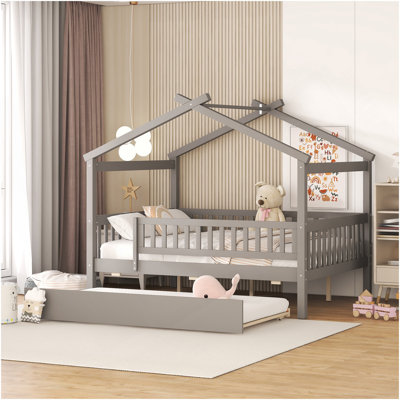 Lit double en bois avec lit gigogne simple, gris