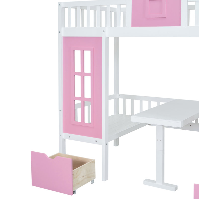 Lit mezzanine rose Twintwin avec table mobile et table convertible superposée, Rose