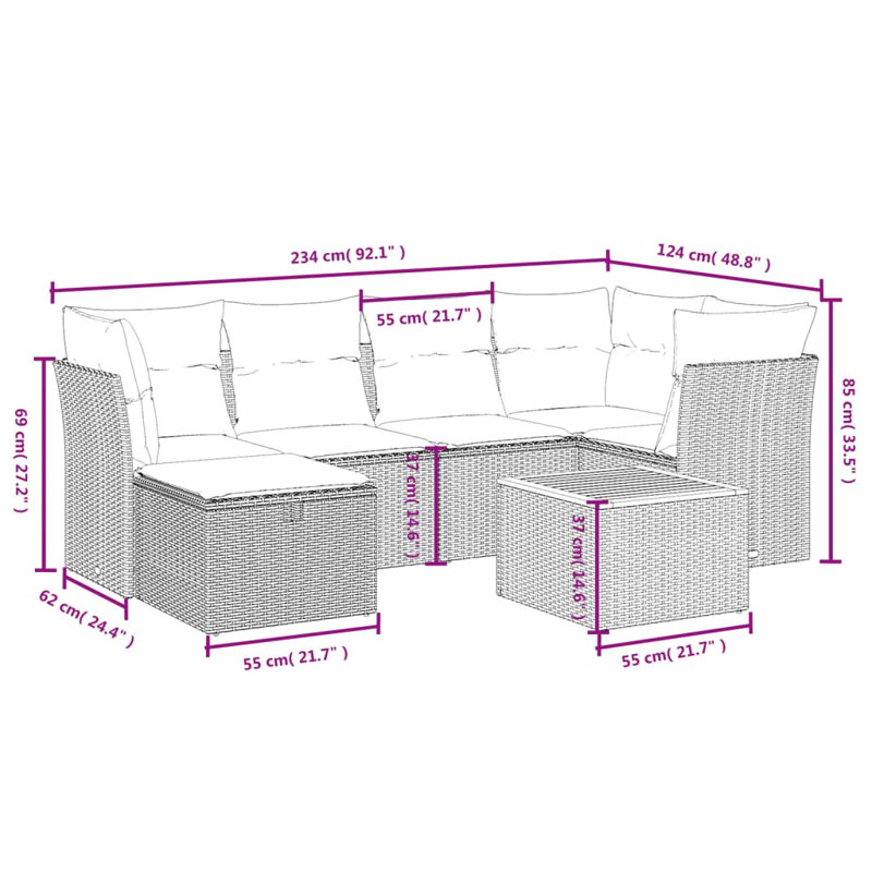 7 Piece Patio Sofa Set With Cushions Poly Rattan, Light Blue, Black