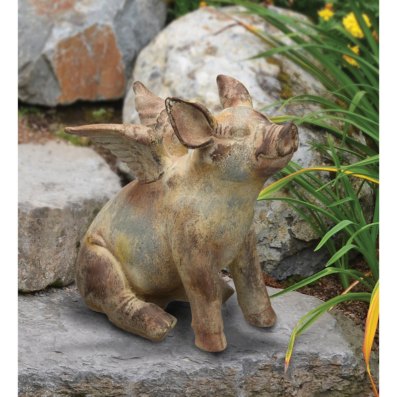 Rustic Brown and Blue Handcrafted Flying Pig Statue 11"