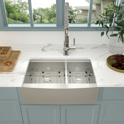 30 Inch Farmhouse 60/40 Double Bowl 16 Gauge 304 Stainless Steel Workstation Kitchen Sink