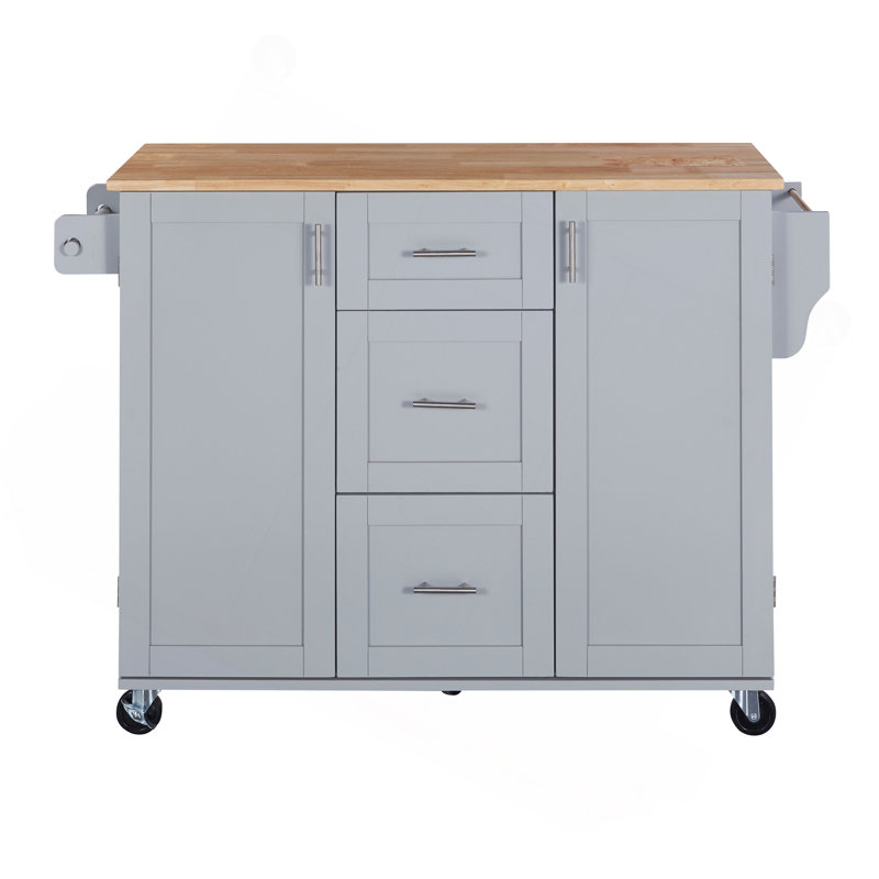 Rolling Kitchen Island With Storage, Kitchen Cart With Rubber Wood Top, 3 Drawer, 2 Slide-Out Shelf And Internal Storage Rack, Kitchen Island On Wheels With Spice Rack & Tower Rack