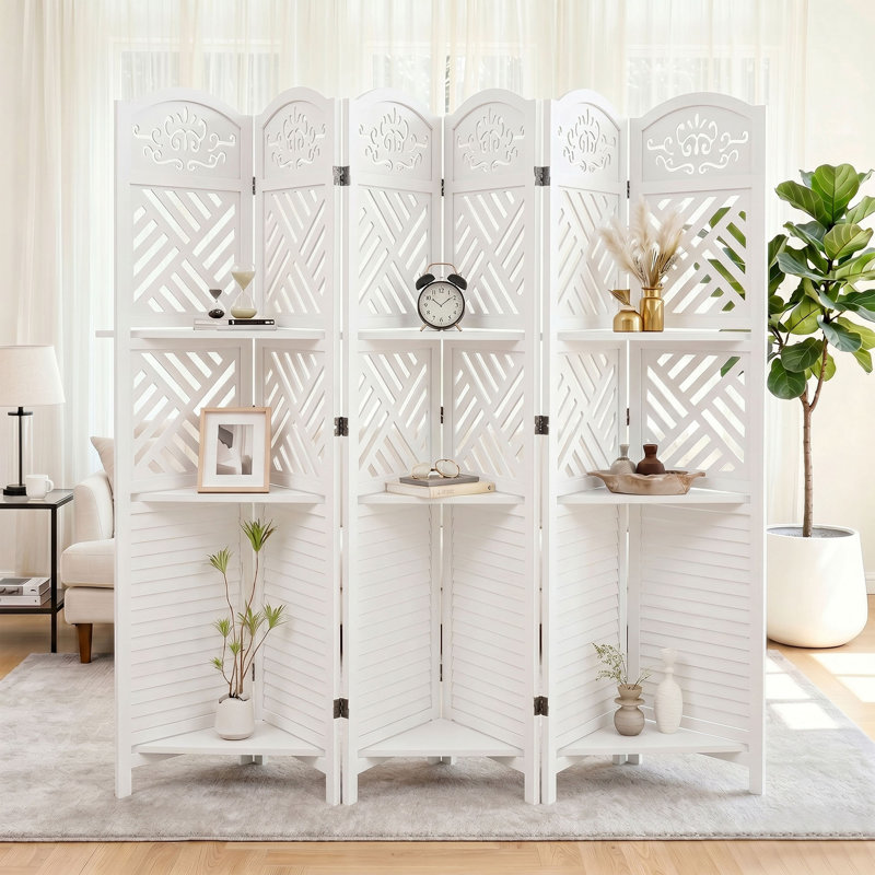 Paravent en bois sculpté avec tablettes - Paravent pliant à persiennes, 6, Blanc