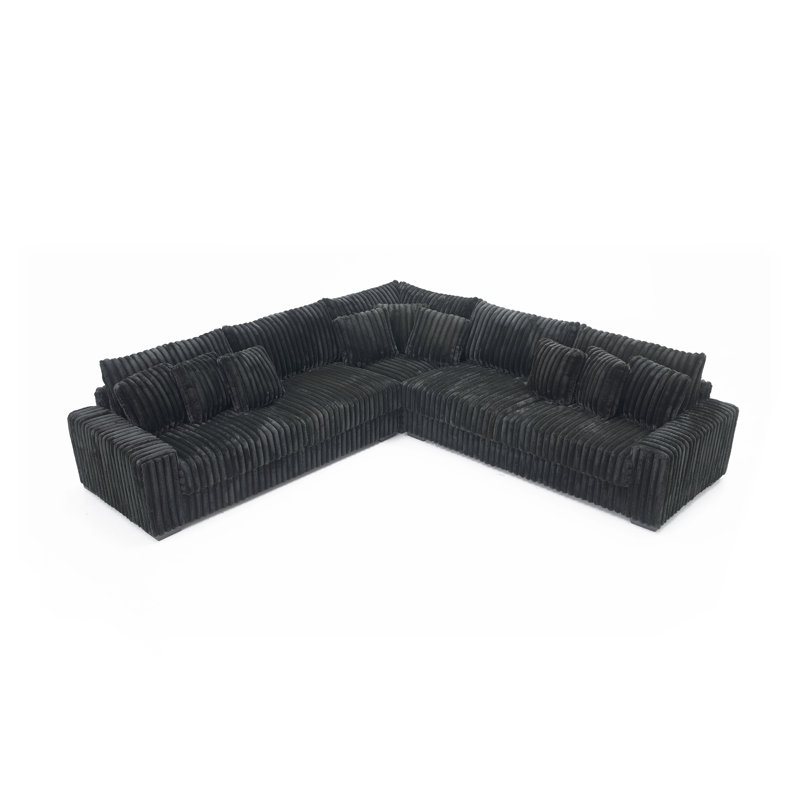 Corduroy Fabric Stationary Sectional W/ 9 Pillows, Black Corduroy