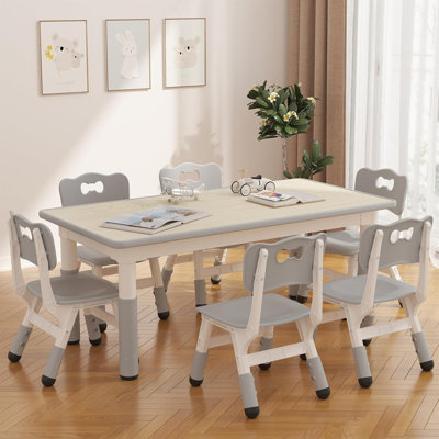 Kids Table and 6 Chairs Set, Adjustable Height, Graffiti Desktop, Non-Slip Legs, Activity Table for Ages 3-8