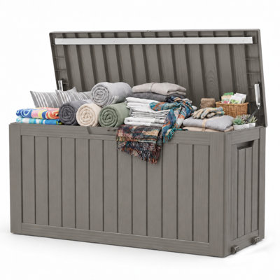 Coffre de rangement extérieur de 340 litres (90 gallons), coffre de terrasse en résine résistant aux intempéries avec couvercle verrouillable, capacité de charge maximale de 204 kg (450 lb) pour coussins de patio, jouets de piscine, outils de jardin et accessoires de plein air