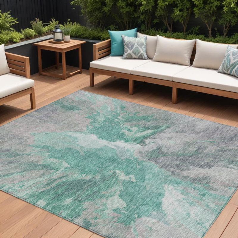 Tapis extérieur lavable abstrait bleu sarcelle et lavande 8 pi x 10 pi