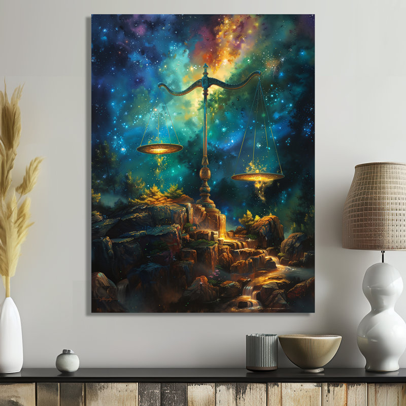 «Blue Balance» Astrology Cosmic Coopération - Décoration murale astronomie Balance, Métal métal, H 12 po x l 20 po