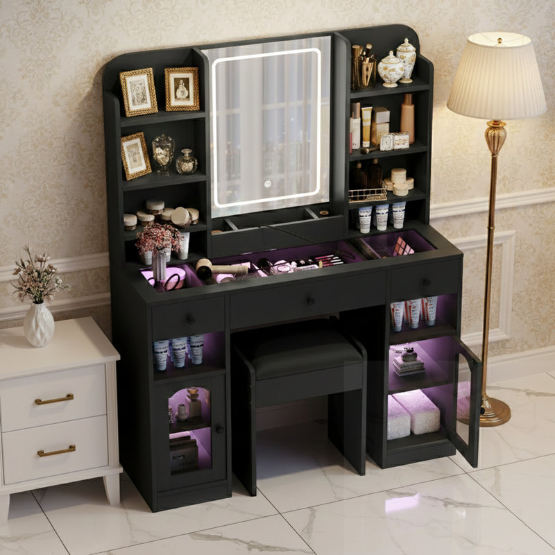 3-Drawer Vanity Desk With LED Mirror And Light Cabinets And Stool, Black