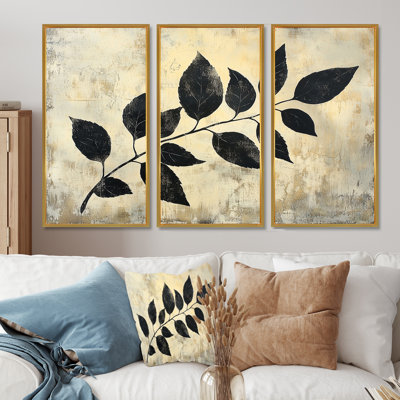 Feuilles noires, ombre, silhouette V - art mural feuilles - ensemble de 3