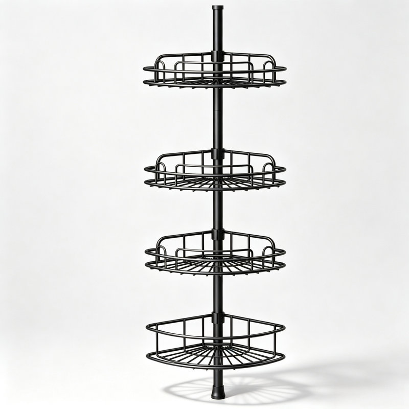 Étagère de douche d'angle à barre de tension sans perçage, 4 niveaux, hauteur réglable de 121,1 cm à 313,8 cm, noire résistante à la rouille