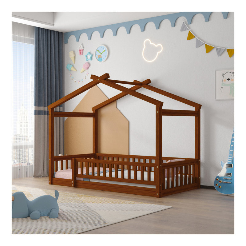 Structure de lit simple en bois avec clôture, pour enfants, adolescents, filles, garçons, noyer, Lit simple