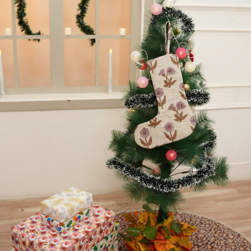 Chaussette de Noël Fabividine imprimée à la main en bloc pour un jeûne saisonnier - Kirti, H 16 po x l 6,5 po